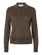 Selected Slfthea Ls Knit Merino Collar Neck Noos Brun