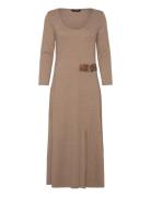 Lauren Ralph Lauren Buckle-Trim Rib-Knit Midi Dress Beige