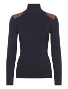 Lauren Ralph Lauren Faux-Leather-Trim Ribbed Turtleneck Marinblå