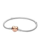 Pandora Silver Bracelet With Heart-Shaped 14K Rose Gold-Plated Clasp S...