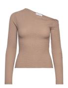Mango Textured Asymmetrical Neck T-Shirt Beige